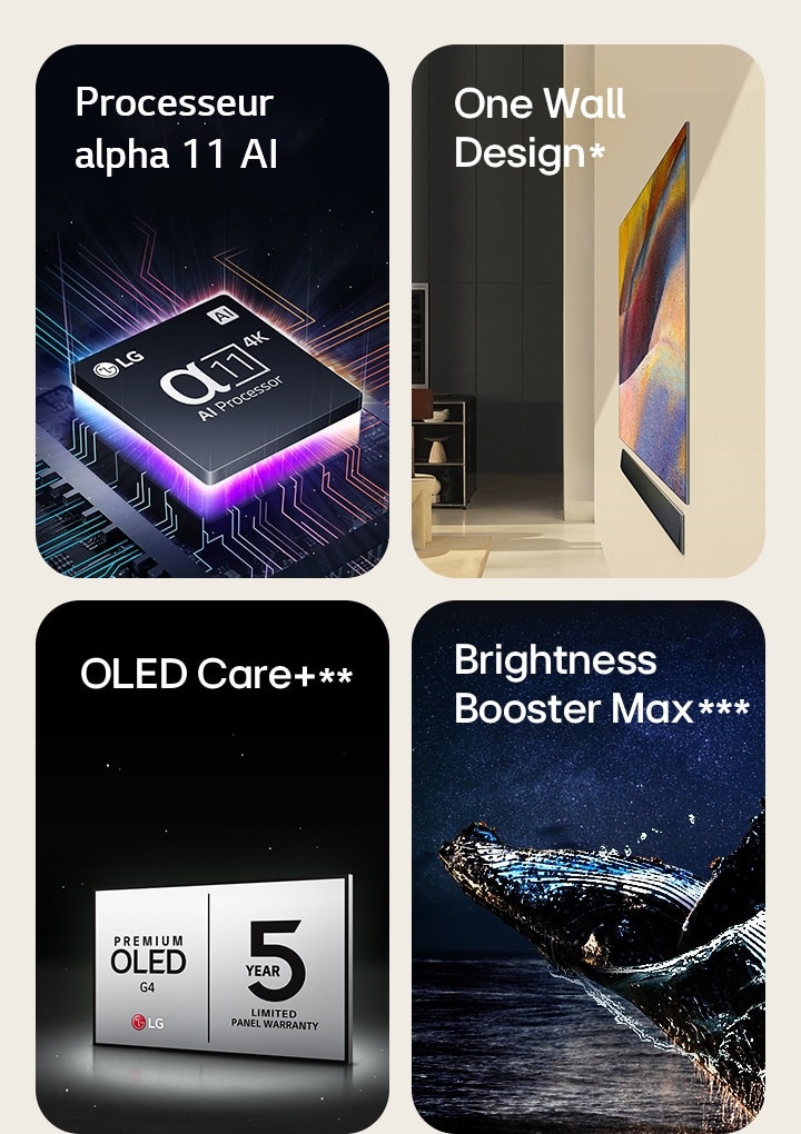 Le processeur alpha 11 AI 4K de LG au-dessus d’une carte mère, émettant de la lumière violette et rose.	  One Wall Design de LG OLED G4 et de la barre de son LG, fixés à plat sur le mur dans un espace de vie moderne.  LG OLED Care+ et logo de garantie du panneau de 5?ans sur fond noir.  Brightness Booster Max avec l’image d’une baleine sautant hors de l’eau, face à une nuit étoilée. 