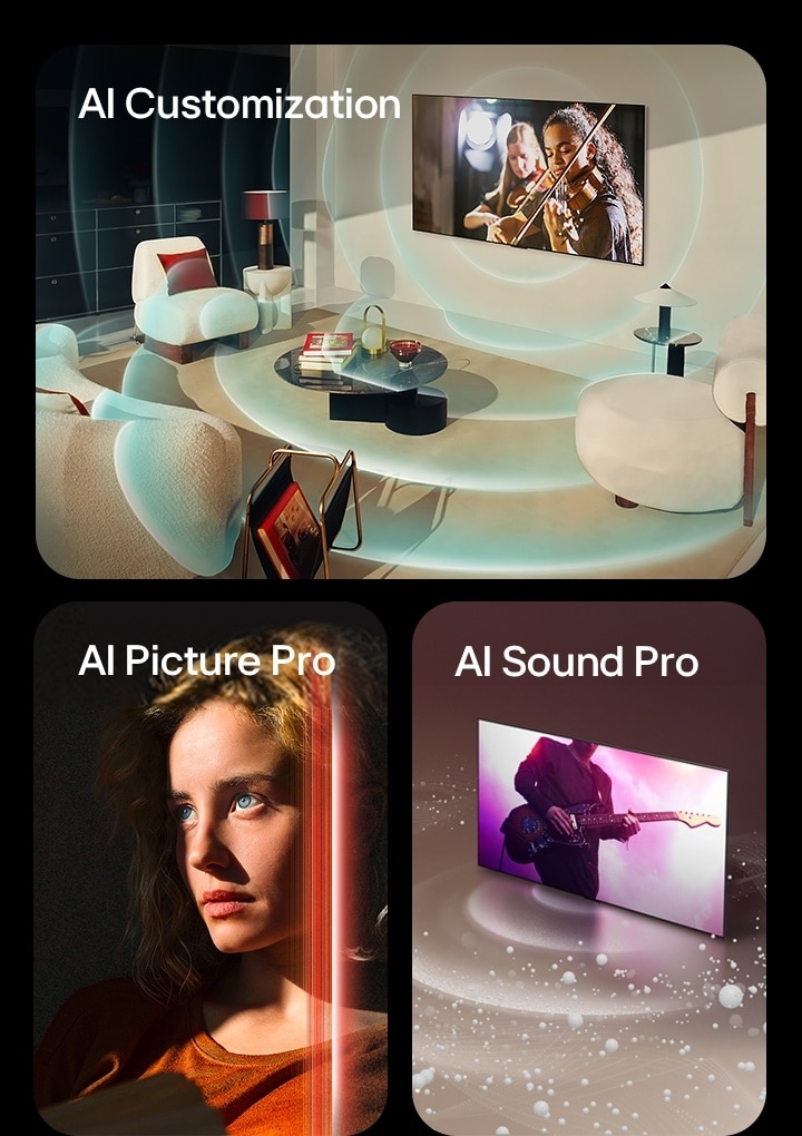 Le LG OLED est un espace de vie moderne qui offre des performances musicales à l’écran. Des ondes circulaires bleues représentant la personnalisation entourent le téléviseur et l’espace.  Une femme aux yeux bleus per?ants et avec un haut orange sur un fond sombre. Des lignes rouges représentant les améliorations apportées par l’IA couvrent une partie de son visage, éclatent et détaillé, tandis que le reste de l’image semble terne.   Un TV LG OLED, avec des bulles et ondes sonores sont émises par l’écran et remplissent l’espace.