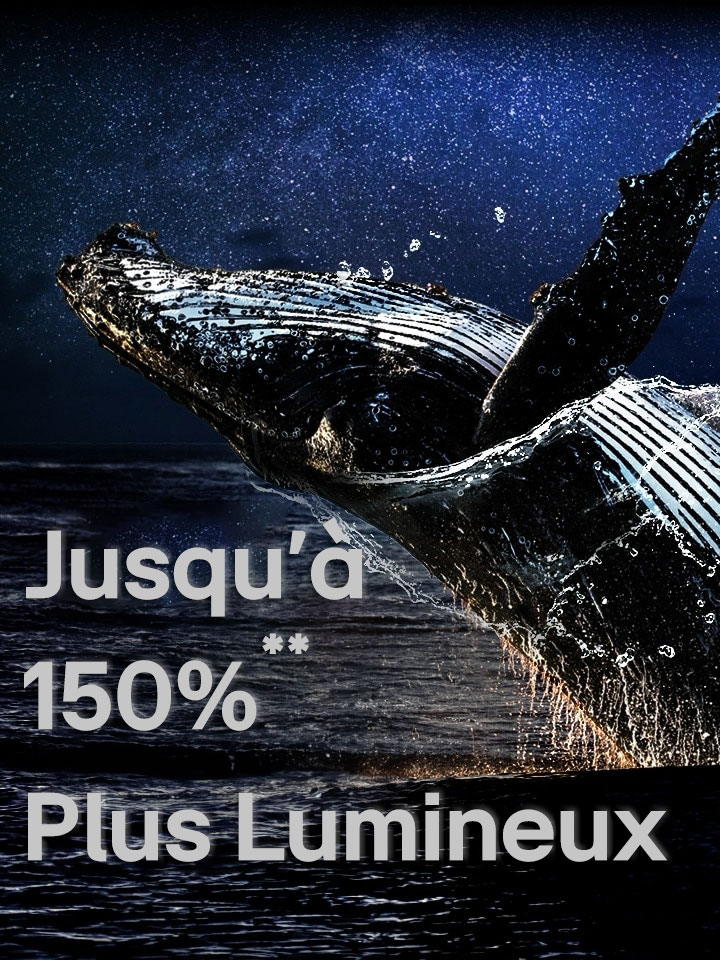 Une baleine sautant hors de l’océan sur un fond noir. Les mots ??up to 150% brighter?? (jusqu’à 150?% plus lumineux) apparaissent au-dessus de la baleine et deviennent plus brillants.