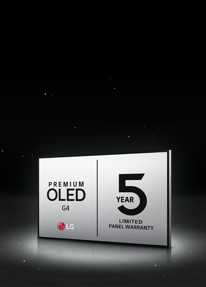 LG OLED Care+ et logo de garantie du panneau de 5?ans sur fond noir.