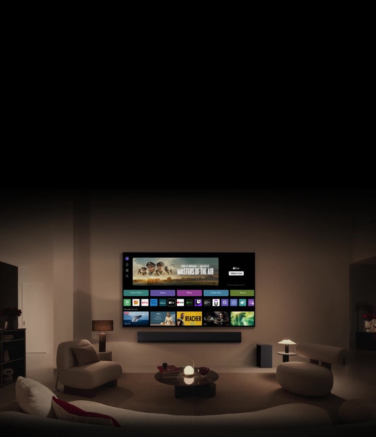 L’écran d’accueil webOS 24 avec Télétravail, Jeu, Musique, Ta et les Catégories sports. Le bas de l’écran montre des recommandations personnalisées sous ??Meilleures sélections pour vous.??