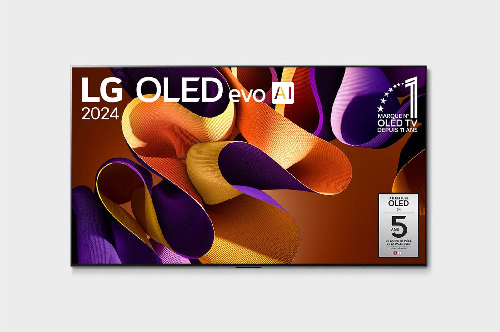Vue de face avec le TV OLED evo LG, OLED G4, logo LG OLED, marque N°1 depuis 11 ans et logo de la garantie 5 ans pièce de la dalle à l'écran.
