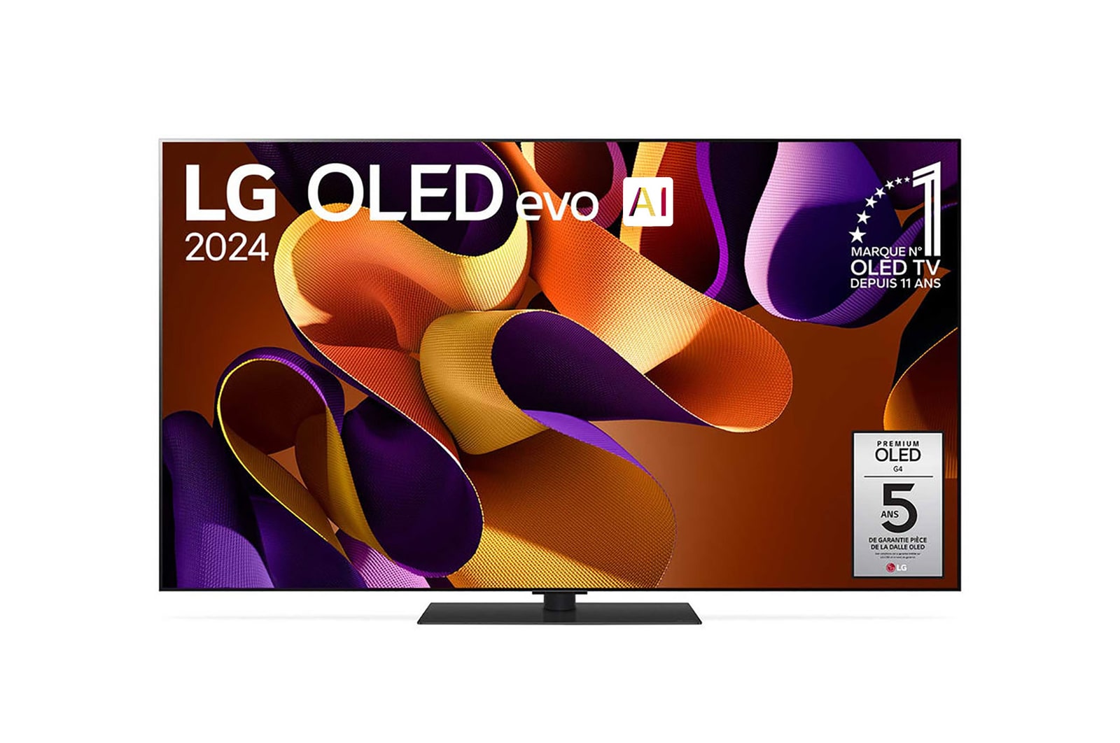 Vue de face avec la TV OLED evo LG, OLED G4, emblème OLED numéro 1 dans le monde pendant 11?ans et logo de la garantie de panneau de 5?ans à l’écran.
