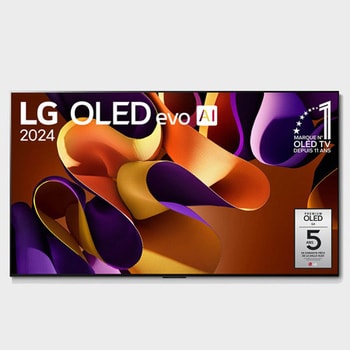 Vue de face avec LG OLED evo G4, OLED65G45LW, numéro 1 OLED au monde depuis 11 ans, avec garantie de panneau de 5 ans à l'écran, avec barre de son en dessous.