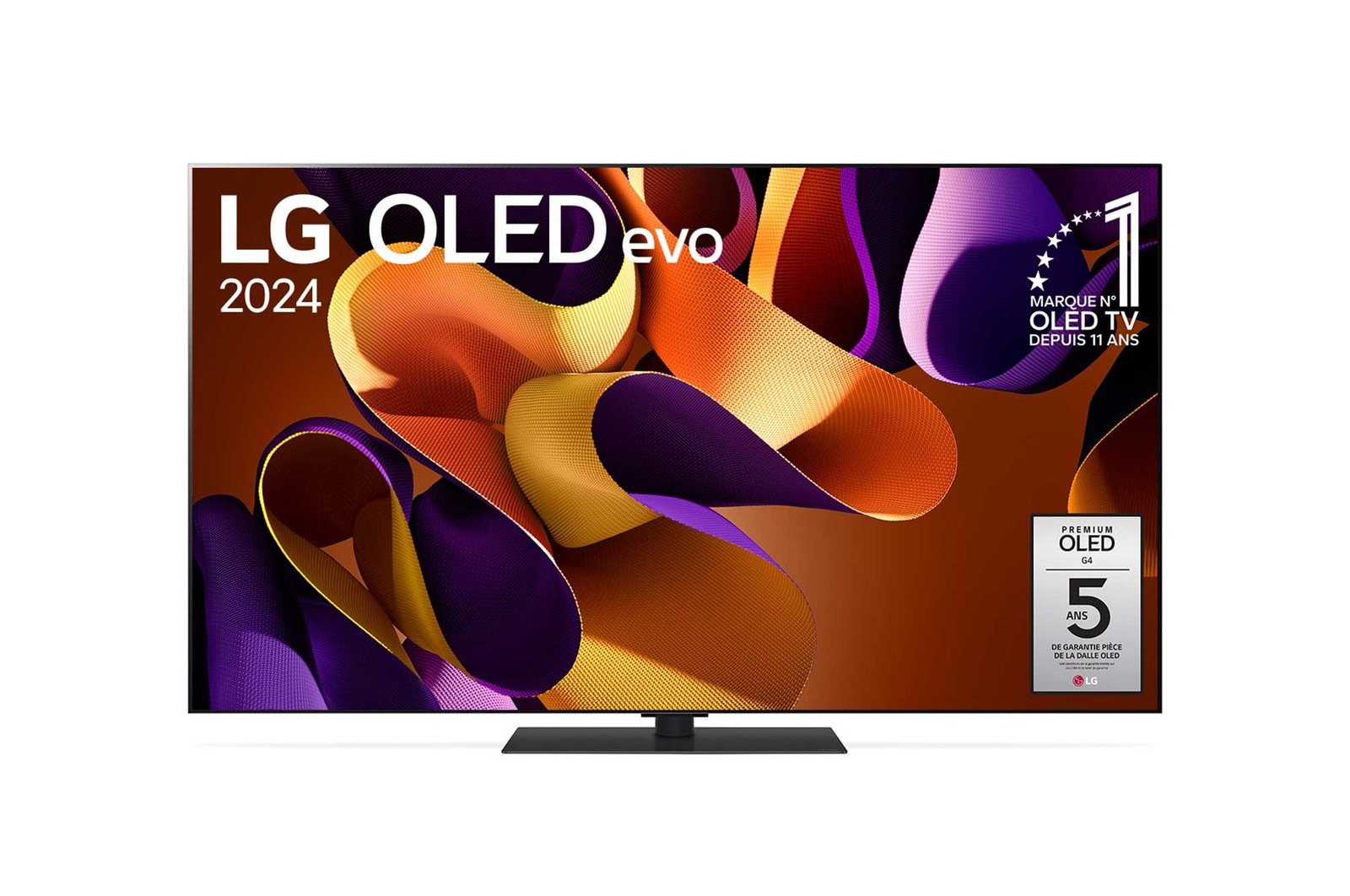 Vue de face avec la TV OLED evo LG, OLED G4, emblème OLED numéro 1 dans le monde pendant 11?ans et logo de la garantie de panneau de 5?ans à l’écran.