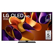 Vue de face avec la TV OLED evo LG, OLED G4, emblème OLED numéro 1 dans le monde pendant 11?ans et logo de la garantie de panneau de 5?ans à l’écran.