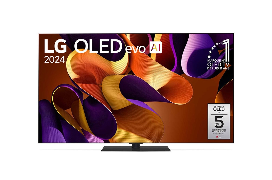 Vue de face avec la TV OLED evo LG, OLED G4, emblème OLED numéro 1 dans le monde pendant 11?ans et logo de la garantie de panneau de 5?ans à l’écran.