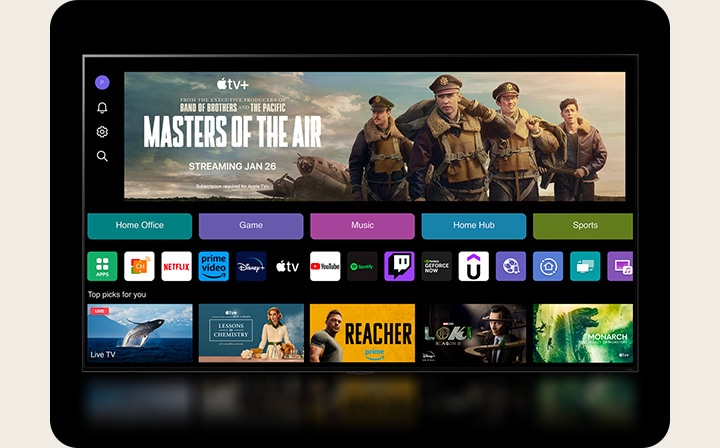 écran d’accueil webOS 24 avec Télétravail, Jeu, Musique, Home Hub et les Catégories sports. Le bas de l’écran montre des recommandations personnalisées sous ??Meilleures sélections pour vous.??	  