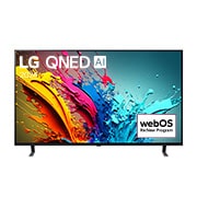Vue de face du TV LG QNED, série QNED85 avec le texte LG QNED, 2024 et le logo webOS Re:New Program à l’écran.