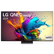 Vue de face du TV LG QNED, QNED91 avec le texte LG QNED MiniLED, 2024 et le logo webOS Re:New Program à l’écran.