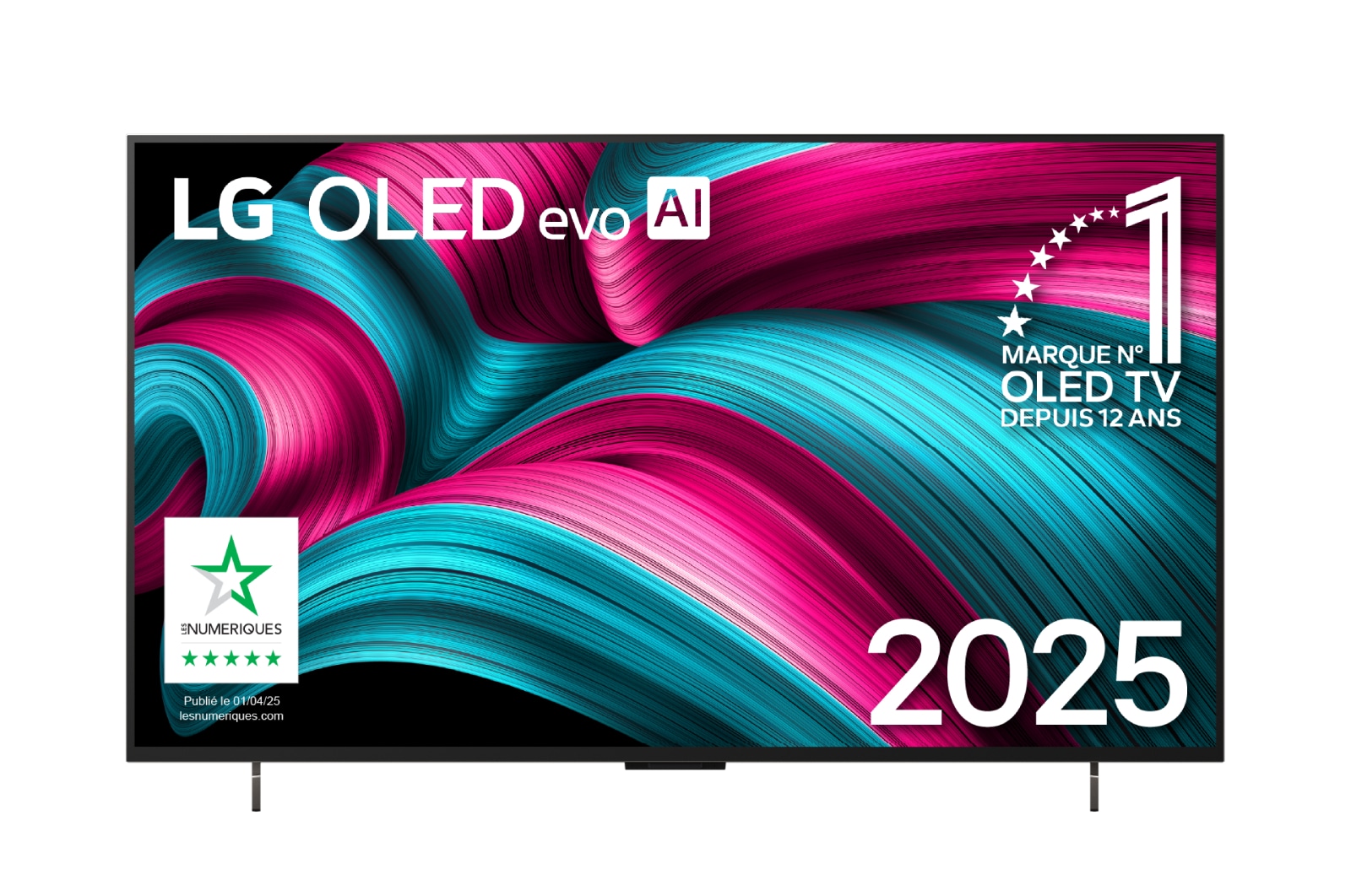 Vue avant de la Smart TV LG OLED evo AI C5 4K. L’emblème OLED numéro 1 dans le monde pendant 12?ans et le logo LG OLED evo AI 2025 sont à l’écran.