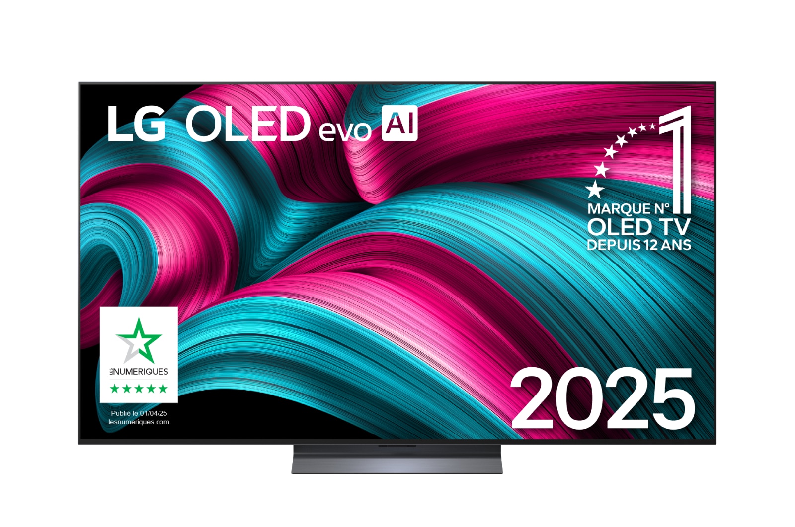 Vue avant de la Smart TV LG OLED evo AI C5 4K. L’emblème OLED numéro 1 dans le monde pendant 12?ans et le logo LG OLED evo AI 2025 sont à l’écran.