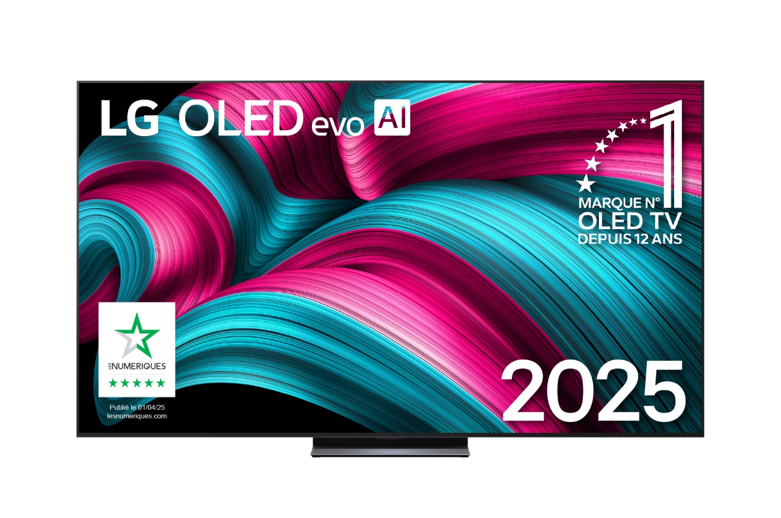 Front view of LG OLED evo AI C5 4K Smart TV. 12 Years of world number 1 OLED emblem and LG OLED evo AI 2025 logo are on the screen.
