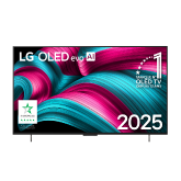 Vue avant de la Smart TV LG OLED evo AI C5 4K. L’emblème OLED numéro 1 dans le monde pendant 12?ans et le logo LG OLED evo AI 2025 sont à l’écran.