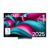Vue avant de la Smart TV LG OLED evo AI C5 4K. L’emblème OLED numéro 1 dans le monde pendant 12?ans et le logo LG OLED evo AI 2025 sont à l’écran.