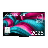 Front view of LG OLED evo AI C5 4K Smart TV. 12 Years of world number 1 OLED emblem and LG OLED evo AI 2025 logo are on the screen.