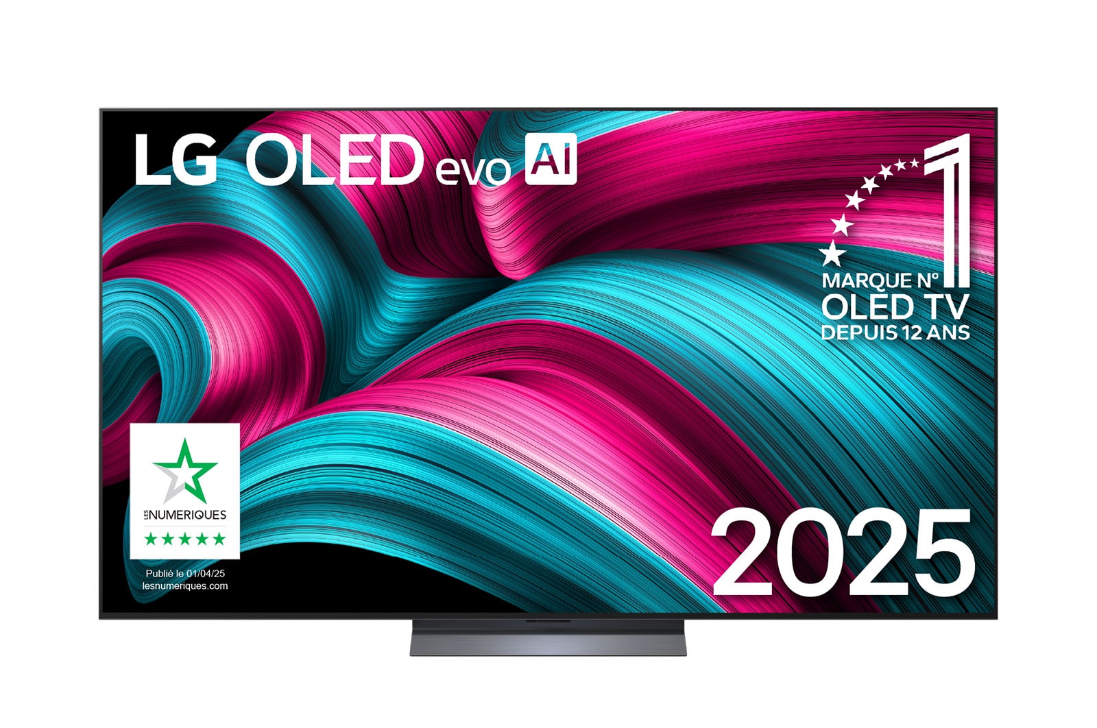 Vue avant de la Smart TV LG OLED evo AI C5 4K. L’emblème OLED numéro 1 dans le monde pendant 12?ans et le logo LG OLED evo AI 2025 sont à l’écran.