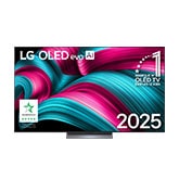 Vue avant de la Smart TV LG OLED evo AI C5 4K. L’emblème OLED numéro 1 dans le monde pendant 12?ans et le logo LG OLED evo AI 2025 sont à l’écran.