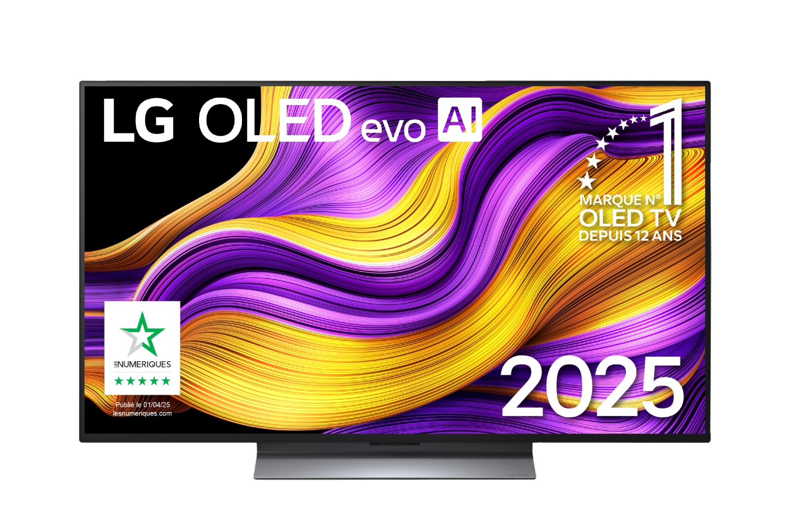 Vue avant de la Smart TV LG OLED evo AI G5 4K. L’emblème OLED numéro 1 dans le monde pendant 12?ans et le logo LG OLED evo AI 2025 sont à l’écran.