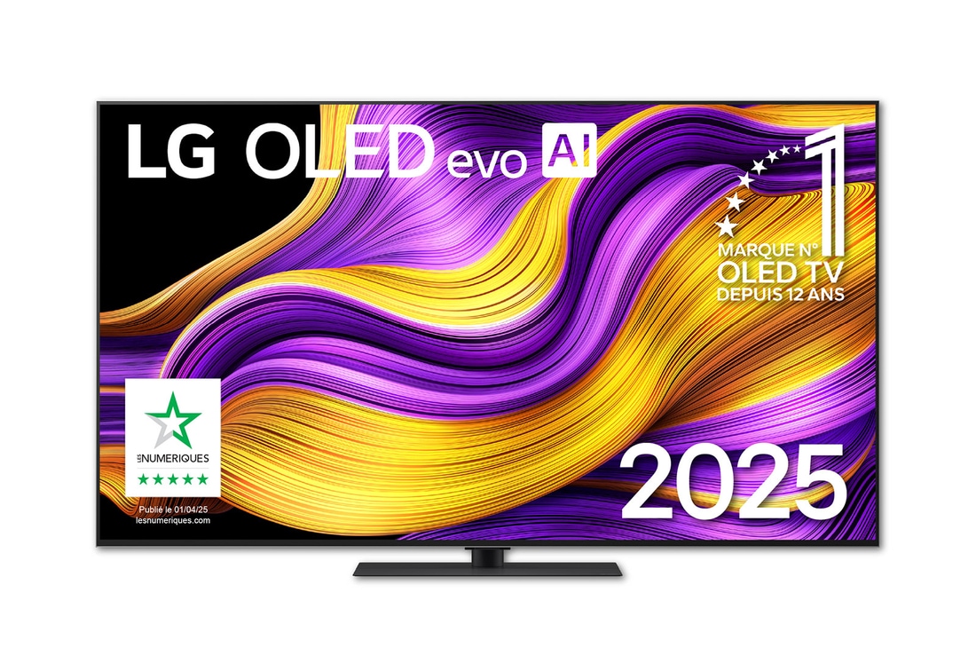 Vue avant de la Smart TV LG OLED evo AI G5 4K. L’emblème OLED numéro 1 dans le monde pendant 12?ans et le logo LG OLED evo AI 2025 sont à l’écran.