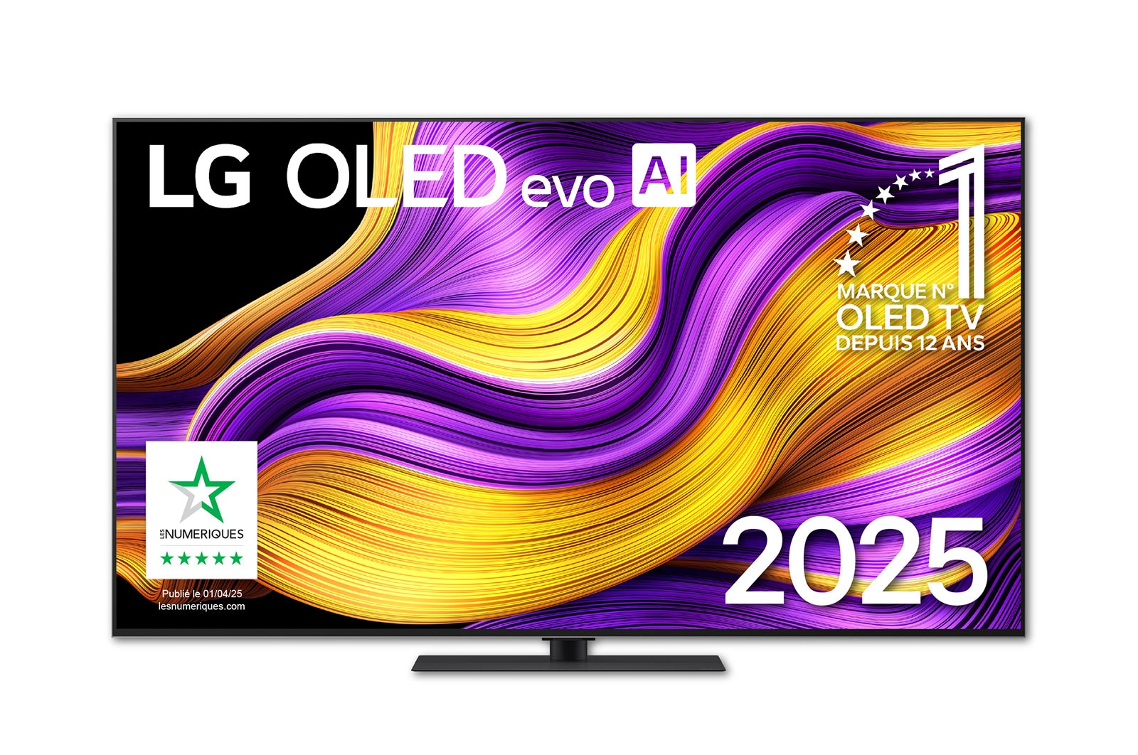 Vue avant de la Smart TV LG OLED evo AI G5 4K. L’emblème OLED numéro 1 dans le monde pendant 12?ans et le logo LG OLED evo AI 2025 sont à l’écran.