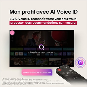 On an LG OLED TV screen is the webOS 25 home page filled with apps and entertainment content. By the TV is the LG AI Magic Remote, the AI button is highlighted as if activated by the user's voice. A speech bubble is beside it, switching to my account. The short text explains how users can now synchronize their voice to their personal profile for easier navigation and personalized recommendations.