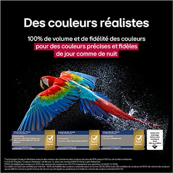 Dazzling and vibrantly colorful fireworks are on a TV screen. This demonstrates 100% Color Fidelity which shows accurate colors even in sunlight.  Logo certification is visible, Perfect Color Technology delivers color consistency levels greater than 99% up to 500 lux. Intertek certifications that show independent testing are also beside it.
