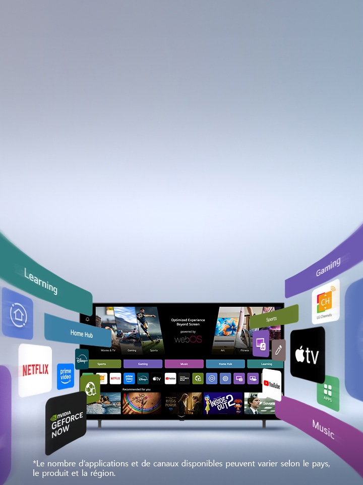 LG Smart TV affichant l’écran d’accueil webOS avec des applications de divertissement et des éléments d’interface utilisateur LG Channels qui s’étendent de manière dynamique vers l’extérieur, mettant en valeur plus de 4?000?applications et cha?nes internationales.