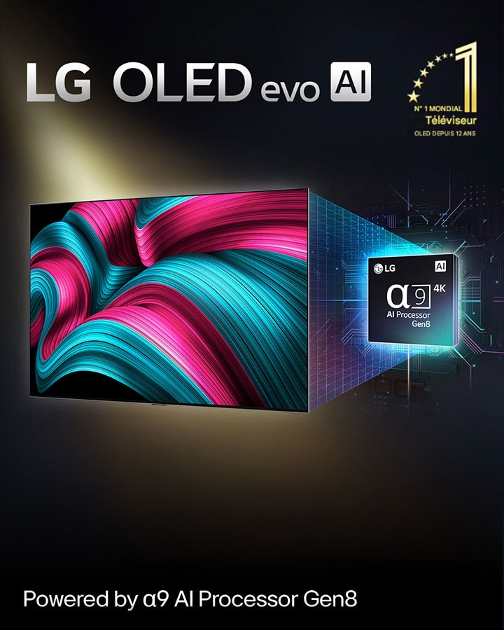 Sur l’écran d’une TV LG OLED evo AI se trouve une image abstraite aux détails, couleurs et contrastes impressionnants. Une version agrandie du processeur alpha 9 AI de 8ème génération se trouve derrière la TV. Sa lumière brillante éclaire les circuits de micropuce qui l’entourent. Le titre dit LG OLED evo AI. Le texte est également visible, alimenté par le processeur LG alpha 9 AI de 8ème génération. Un logo doré avec des étoiles dans le coin dit?: l’OLED TV numéro un mondial depuis 12?ans. 