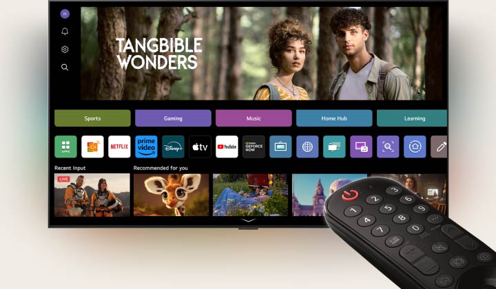 AI Magic Remote LG utilisée. L’ensemble du scénario montre à quel point la télécommande AI Magic Remote est simple et pratique. La page d’accueil webOS de LG est visible alors qu’un curseur appara?t et clique sur une vignette spécifique. Elle remplit l’écran. Le bouton IA de la télécommande est ensuite mis en surbrillance. 