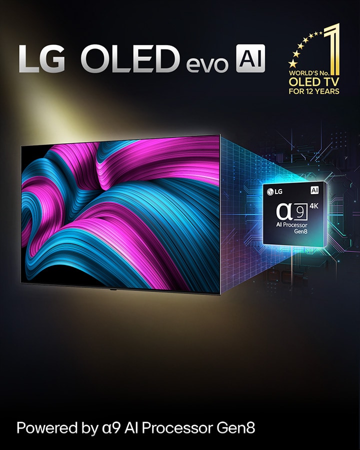 Sur l’écran d’une TV LG OLED evo AI se trouve une image abstraite aux détails, couleurs et contrastes impressionnants. Une version agrandie du processeur alpha 9 AI de 8ème génération se trouve derrière la TV. Sa lumière brillante éclaire les circuits de micropuce qui l’entourent. Le titre dit LG OLED evo AI. Le texte est également visible, alimenté par le processeur LG alpha 9 AI de 8ème génération. Un logo doré avec des étoiles dans le coin dit?: l’OLED TV numéro un mondial depuis 12?ans. 