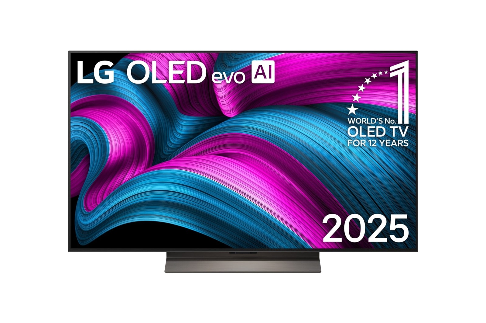 Front view of LG OLED evo AI C5 4K Smart TV. 12 Years of world number 1 OLED emblem and LG OLED evo AI 2025 logo are on the screen.