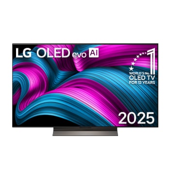 Front view of LG OLED evo AI C5 4K Smart TV. 12 Years of world number 1 OLED emblem and LG OLED evo AI 2025 logo are on the screen.