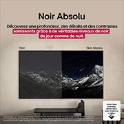 Salon avec un téléviseur LG OLED fixé au mur. Le téléviseur montre une cha?ne de montagnes sur fond de ciel sombre et étoilé. Cette scène est divisée en deux parties. Un c?té montre une version plus terne et plus grise du paysage étiqueté Non Perfect Black. De l'autre c?té, l'image est plus agréable, avec une gamme dynamique plus large de tons noirs et blancs. Il s'agit de l'affichage ? Perfect Black ?. également certifiée par le logo, la technologie Perfect Black offre des niveaux de noir inférieurs ou égaux à 0,24 nit jusqu'à 500 lux.