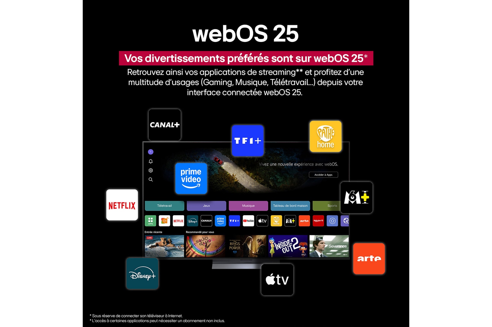 Vue panoramique d'un salon dans une maison haut de gamme, un téléviseur LG OLED est fixé au mur. Le design ultra-mince du téléviseur s'harmonise élégamment avec le mur et l'intérieur.
