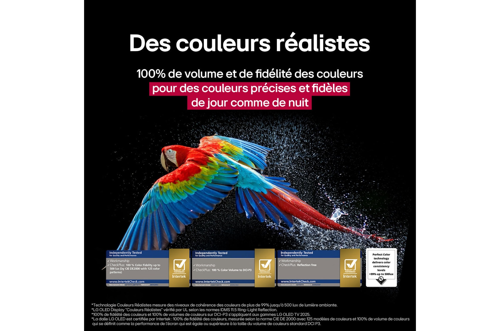 Des feux d'artifice éblouissants et aux couleurs vives sont affichés sur un écran de télévision. Ce feu d'artifice démontre une fidélité des couleurs de 100 %, affichant des couleurs précises même en plein soleil. La certification du logo est visible, la technologie Perfect Colour offre des niveaux de cohérence des couleurs de plus de 99 % jusqu'à 500 lux. Les certifications Intertek attestant de l'indépendance des tests sont également présentes.