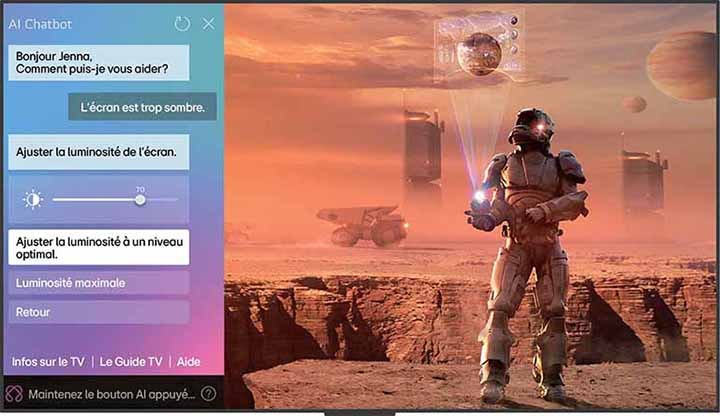 Le contenu de science-fiction est diffusé sur un écran de LG OLED TV. Sur le c?té gauche de l’écran se trouve l’interface AI Chatbot. L’utilisateur envoie un message au chatbot indiquant que l’écran est trop sombre et que le chatbot propose des solutions à la demande.