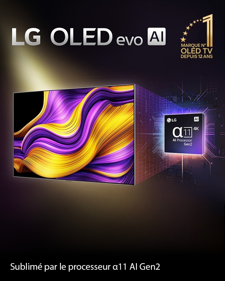 Sur l’écran d’une TV LG OLED evo AI se trouve une image abstraite aux détails, couleurs et contrastes impressionnants. Une version agrandie du processeur alpha 11 AI de 2ème génération se trouve derrière la TV. Sa lumière brillante éclaire les circuits de micropuce qui l’entourent. Le titre indique LG OLED evo AI. Le texte est également visible, alimenté par le processeur IA alpha 11 LG de 2ème génération. Un logo doré avec des étoiles dans le coin dit?: l’OLED TV numéro un mondial depuis 12?ans. 