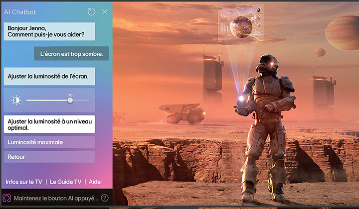 Le contenu de science-fiction est diffusé sur un écran de LG OLED TV. Sur le c?té gauche de l’écran se trouve l’interface AI Chatbot. L’utilisateur envoie un message au chatbot indiquant que l’écran est trop sombre et que le chatbot propose des solutions à la demande.
