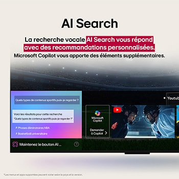 Sur un écran de LG OLED TV, se trouve la page d’accueil webOS 25 remplie d’applications et de contenu de divertissement. La TV est équipée de la télécommande AI Magic Remote LG, le bouton IA est mis en évidence comme s’il était activé par la voix de l’utilisateur. Une bulle de texte se trouve à c?té, passant à mon compte. Le texte court explique comment les utilisateurs peuvent désormais synchroniser leur voix à leur profil personnel pour profiter d’une navigation plus facile et de recommandations personnalisées.