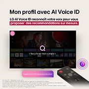 On an LG OLED TV screen is the webOS 25 home page filled with apps and entertainment content. By the TV is the LG AI Magic Remote, the AI button is highlighted as if activated by the user's voice. A speech bubble is beside it, switching to my account. The short text explains how users can now synchronize their voice to their personal profile for easier navigation and personalized recommendations.