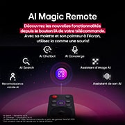 LG AI Magic Remote in the foreground. The AI button icon is highlighted. In the background is the LG webOS UI. The mouse cursor implies that the remote is in use. Text explains how the remote's functions and controls make navigating webOS easy. 