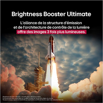 A space shuttle launching from the ground. The scene is split in the middle with one half slightly darker and duller. The other half shows how the rocket blast is remarkably bright, demonstrating how bright visuals can be on an LG OLED TV screen with the light emitting structure and lighting control architecture of Brightness Booster Max.