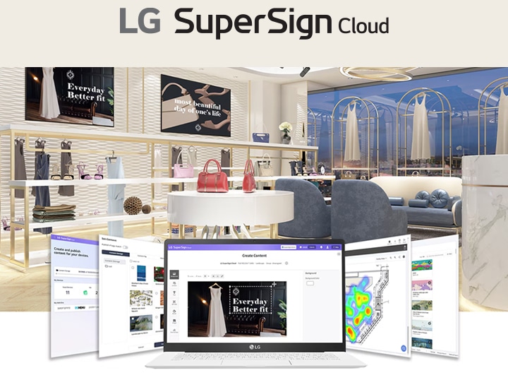 Une image d’un magasin de vêtements de détail avec cinq fenêtres de navigateur de la LG SuperSign Cloud affichées en bas. La fenêtre centrale présente le processus de création de contenu et la fa?on dont le contenu créé est appliqué aux écrans en magasin.