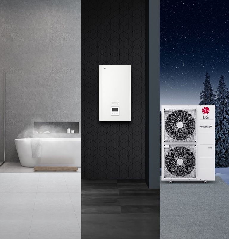 Un bain à vapeur à gauche, à c?té de l’unité intérieure LG Therma V au centre et de l’unité extérieure LG Therma V à double niveau sur la droite.