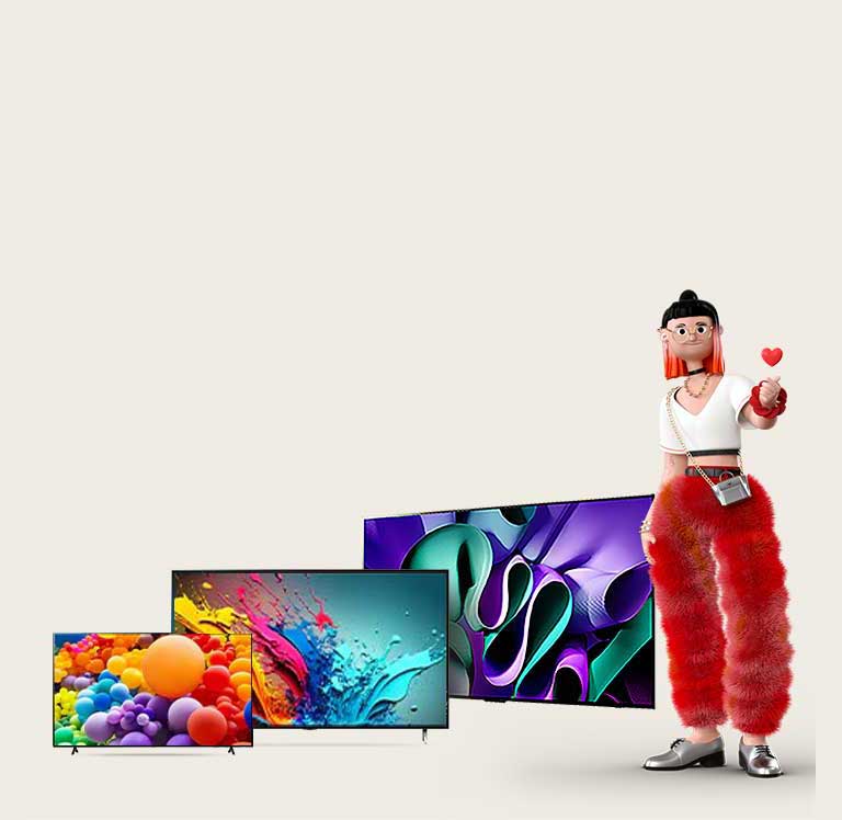 Une silhouette féminine animée qui fait un c?ur avec les mains, à c?té de trois télévisions OLED/QNED?: la première est une LG OLED TV, la deuxième est une LG QNED TV sur un support et la troisième est une LG OLED TV M4 avec support 2?pieds. Sur la gauche, apparaissent les mots ??Comment puis-je choisir la meilleure télévision???? et un bouton rouge avec les mots ??Apprendre plus??.