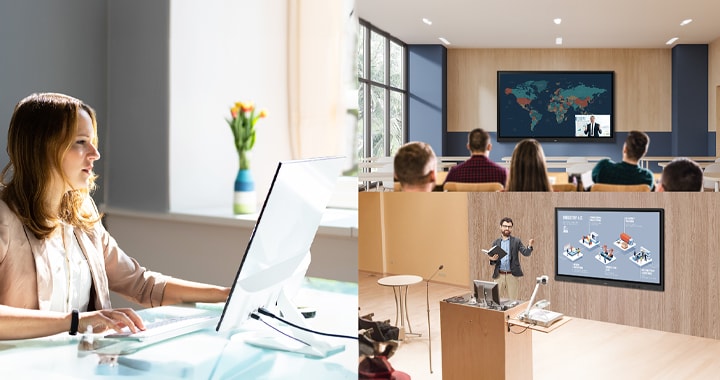 Cette illustration montre un administrateur gérant les LG CreateBoards, des tableaux numériques interactifs installés dans diverses salles de classe à l’aide de LG ConnectedCare (licence DMS).