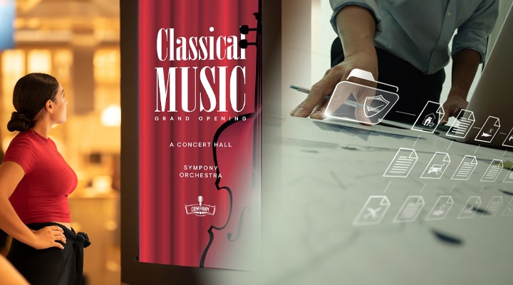à gauche, une femme regarde un écran d’affichage dynamique diffusant une publicité pour un concert de musique classique, tandis qu’à droite, une autre personne vérifie les données d’attention.