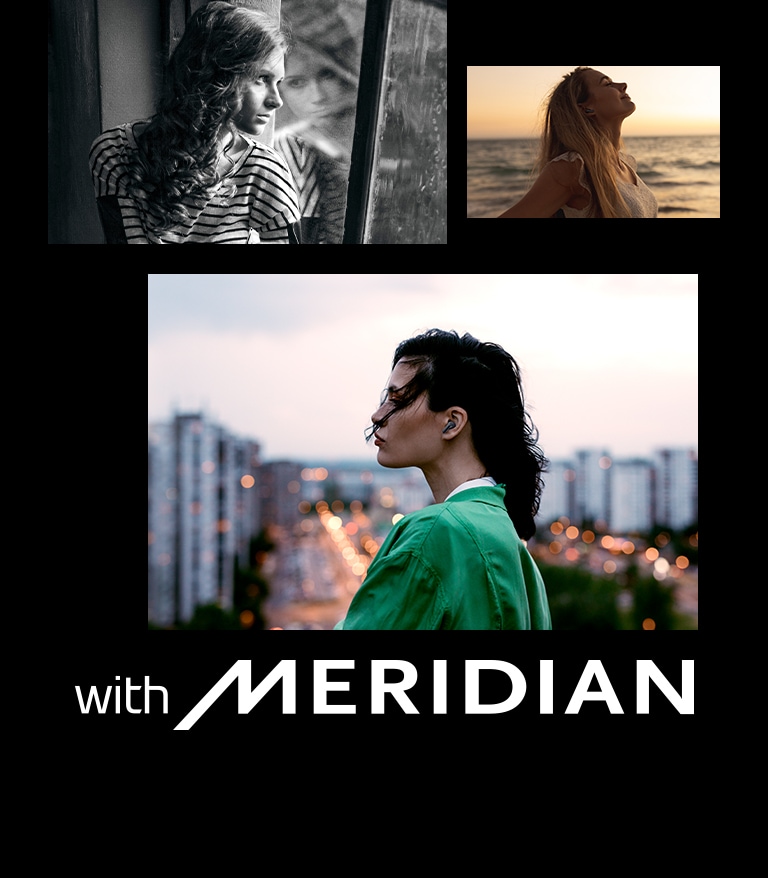 Une image d’une femme regardant par la fenêtre, d'une femme qui écoute de la musique sur la plage au coucher du soleil et d’une femme portant des écouteurs avec la ville en arrière-plan. Le logo de Meridian se trouve à c?té de l'image.