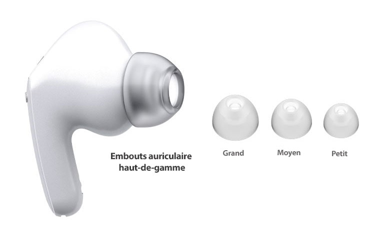 Image des écouteurs blancs et d'un ensemble de 3?tailles de gels auriculaires?: Grand, moyen et petit.